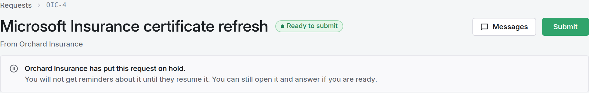 Supplier's request page with a notice that the customer has put the request on hold