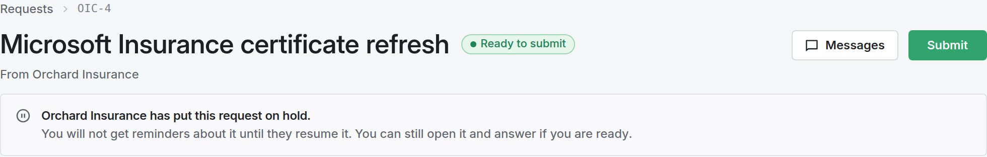 Supplier's request page with a notice that the customer has put the request on hold