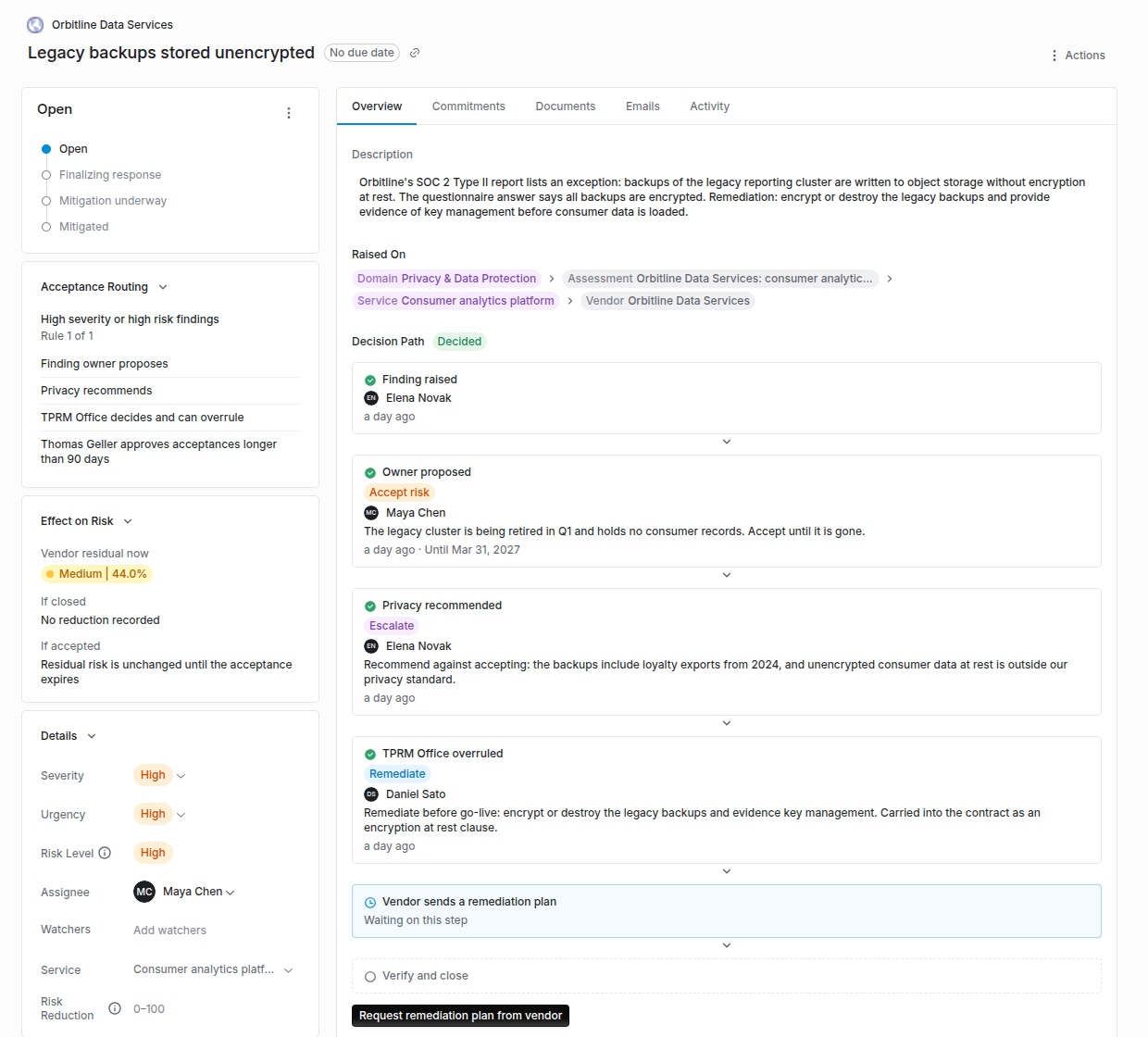 Finding page showing Acceptance Routing Rule 1 of 1, Effect on Risk, and a Decision Path with an owner proposal to accept, a Privacy escalation, a TPRM Office overrule to remediate, and Request remediation plan from vendor