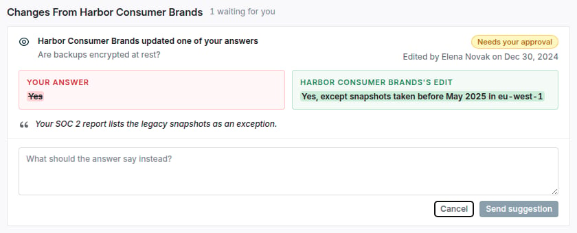 Changes From Harbor Consumer Brands card showing the vendor's original answer Yes struck through beside the reviewer's edited answer, a quoted reason, and a field for suggested wording with Cancel and Send suggestion buttons