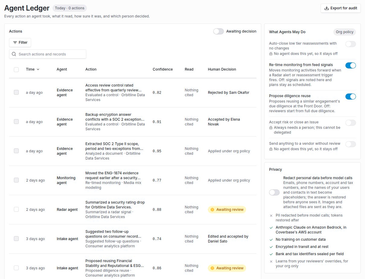 Agent Ledger page listing actions by the evidence, monitoring, radar and intake agents with confidence scores and decisions such as Accepted, Applied under org policy and Awaiting review, beside the agent policy switches and the Privacy panel
