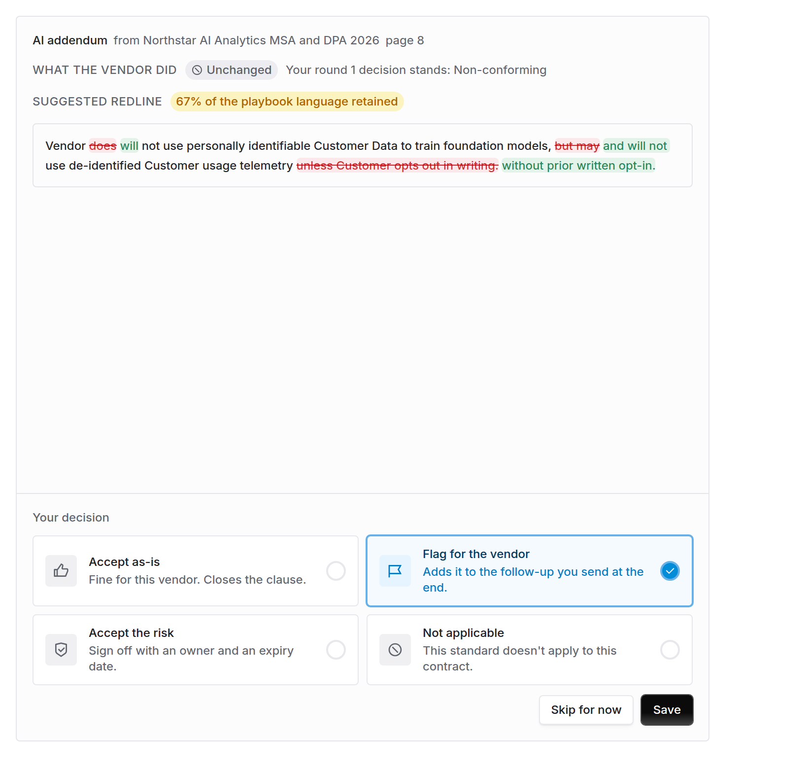 Clause showing an unchanged badge and a line reading your round 1 decision stands, non-conforming
