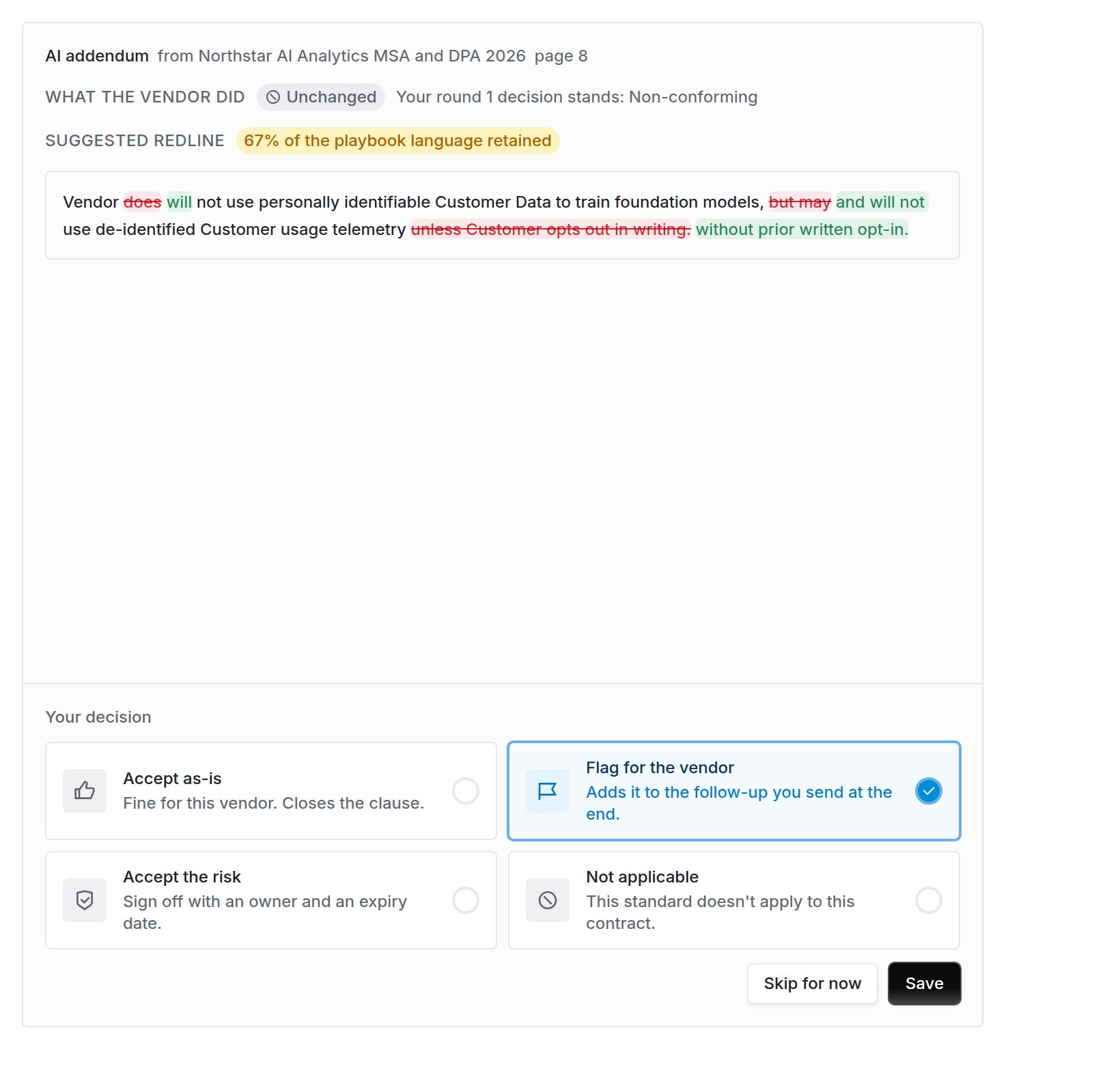 Clause showing an unchanged badge and a line reading your round 1 decision stands, non-conforming