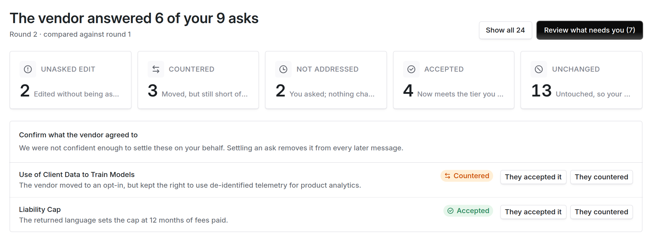 Round summary with a confirm what the vendor agreed to panel listing two asks, each with they accepted it and they countered buttons