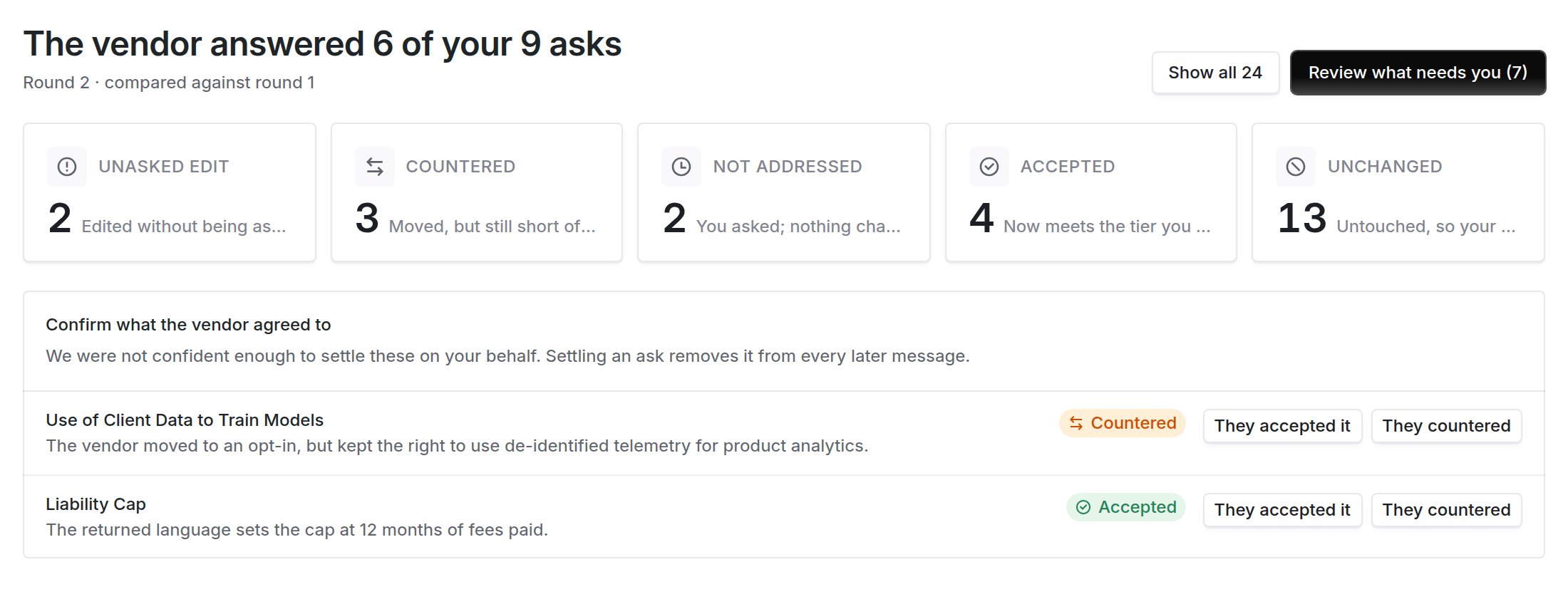 Round summary with a confirm what the vendor agreed to panel listing two asks, each with they accepted it and they countered buttons