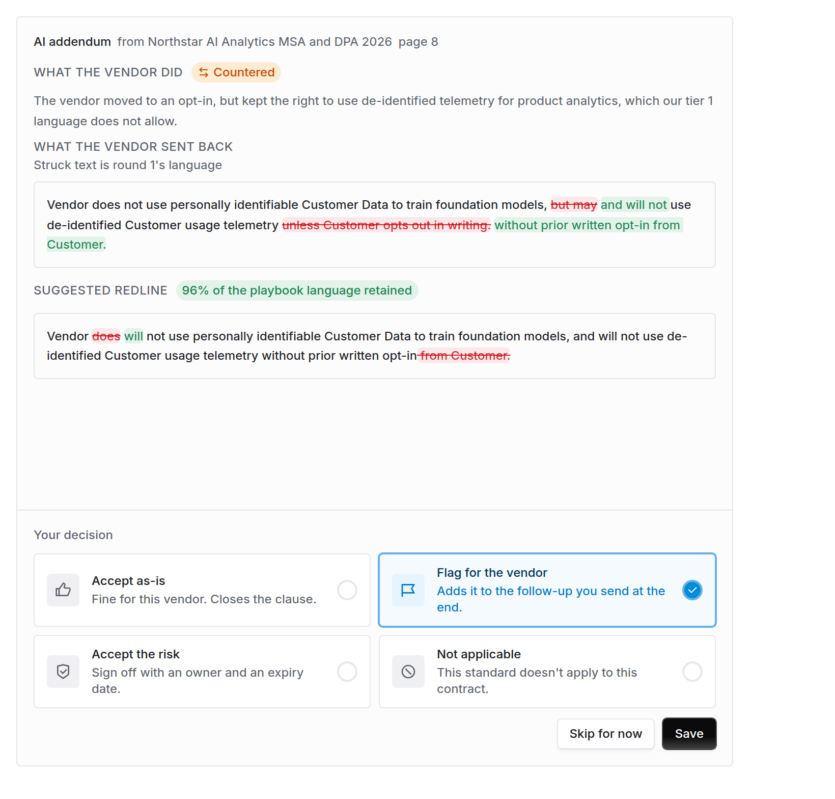 Clause comparison showing the previous round's language struck through and the vendor's returned language highlighted, above the suggested redline and an explanation of why it is a counter
