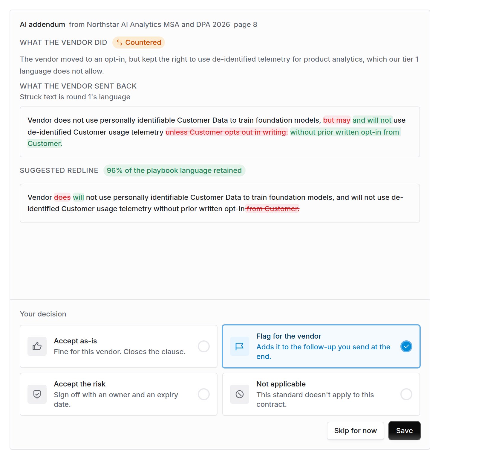 Clause comparison showing the previous round's language struck through and the vendor's returned language highlighted, above the suggested redline and an explanation of why it is a counter