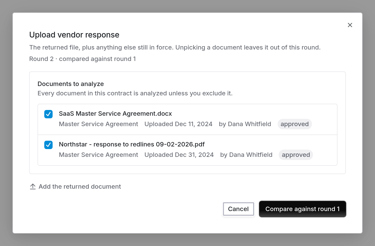 Dialog listing the contract's documents with checkboxes, a link to add the returned document, and a compare against round 1 button
