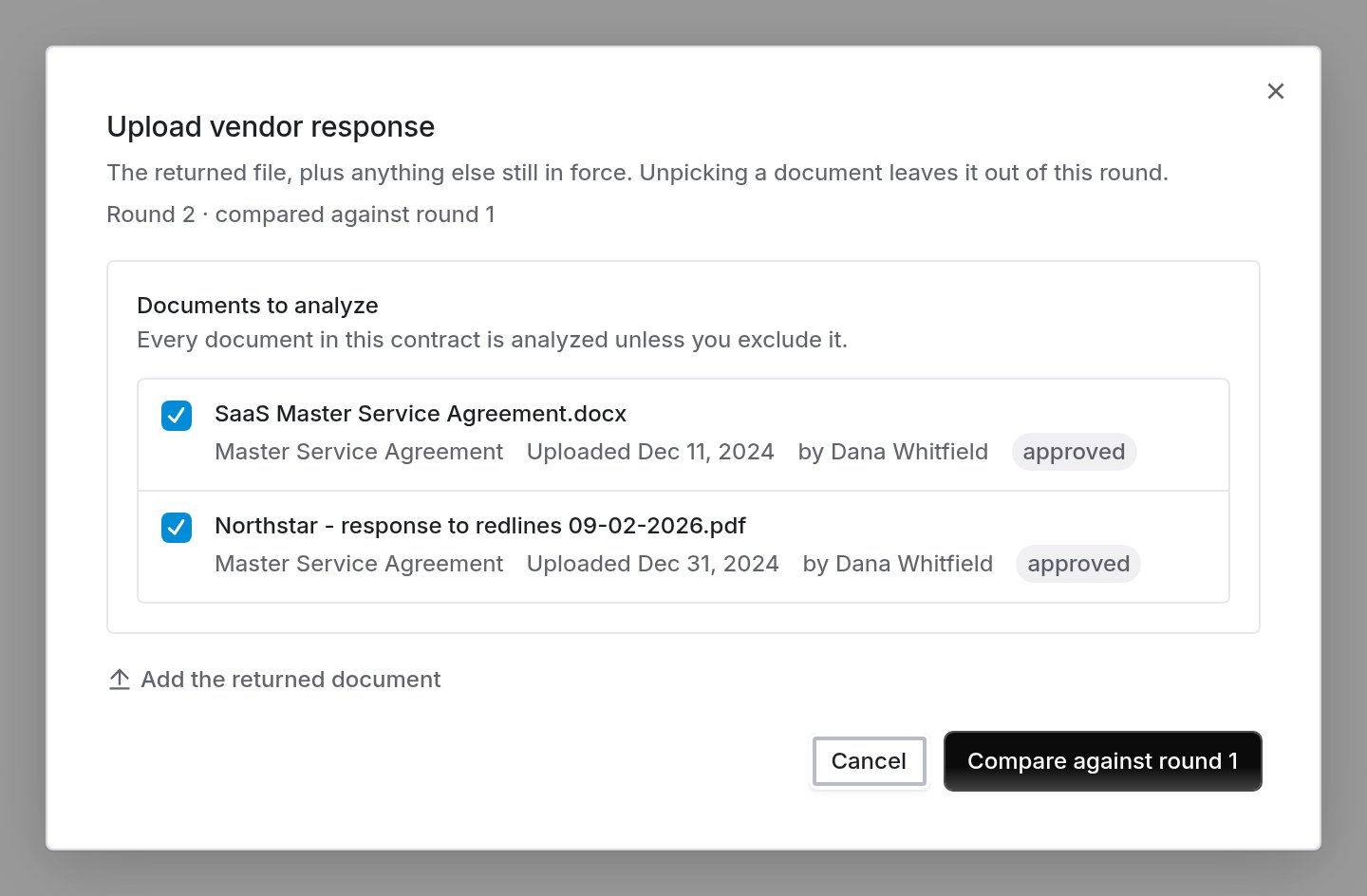 Dialog listing the contract's documents with checkboxes, a link to add the returned document, and a compare against round 1 button