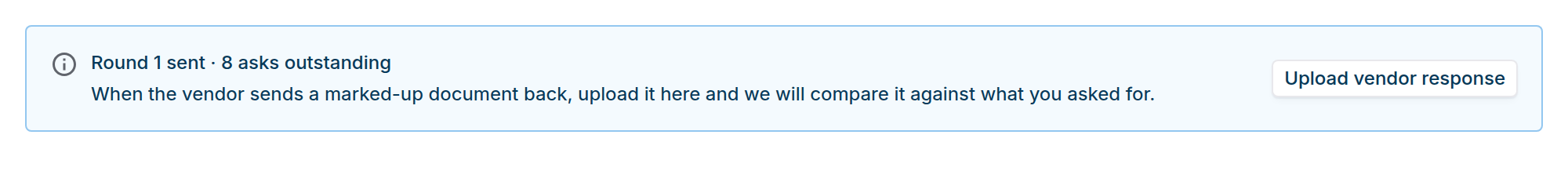 Callout reading round 1 sent, 8 asks outstanding, with an upload vendor response button