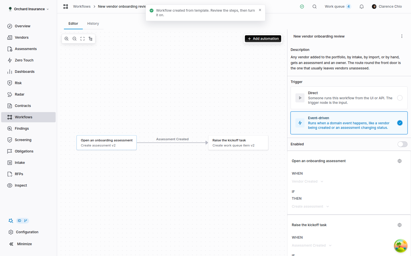 New vendor onboarding review open in the Coverbase workflow editor, with two connected steps and the Enabled toggle off