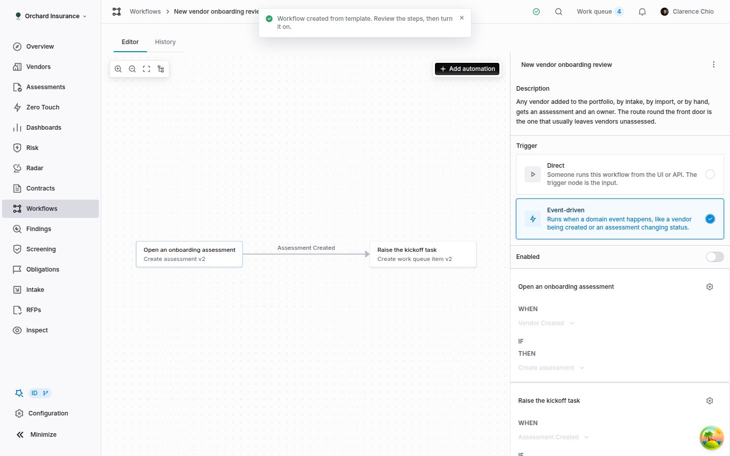 New vendor onboarding review open in the Coverbase workflow editor, with two connected steps and the Enabled toggle off