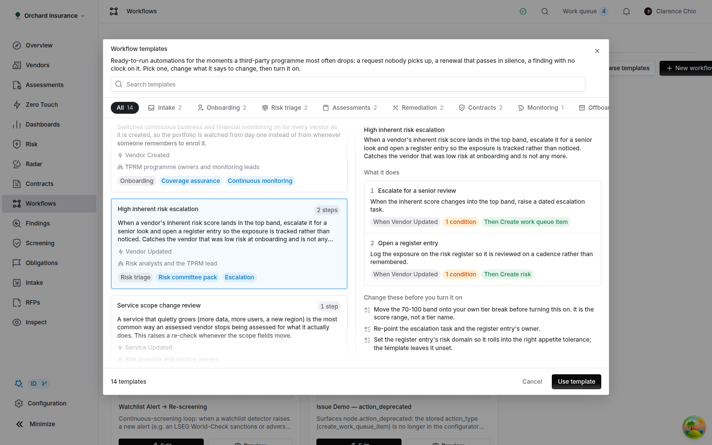 The detail pane for High inherent risk escalation, showing two steps and three setup notes