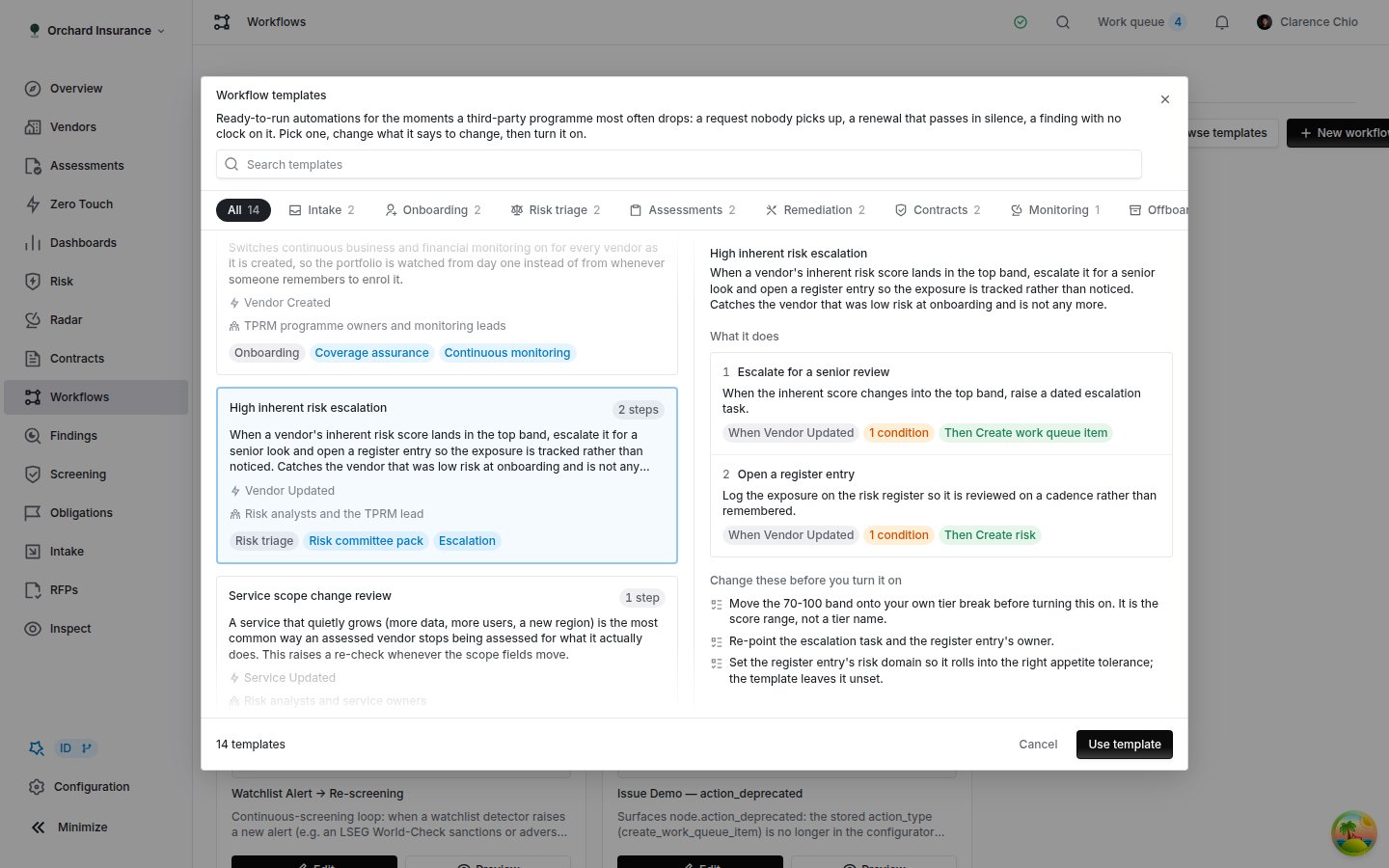 The detail pane for High inherent risk escalation, showing two steps and three setup notes