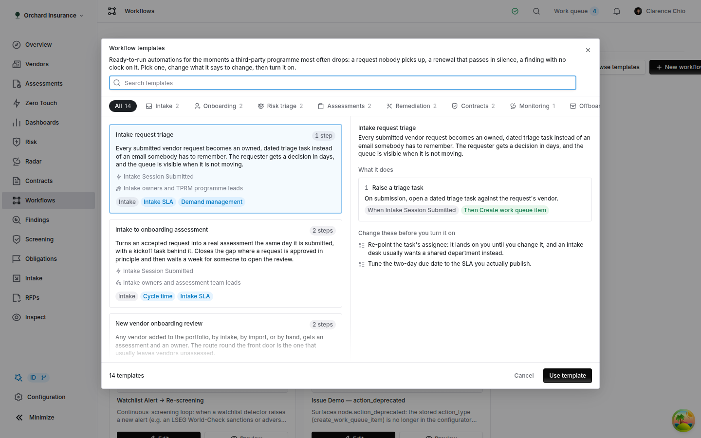The Coverbase workflow template gallery, showing template cards, lifecycle shelves and a detail pane