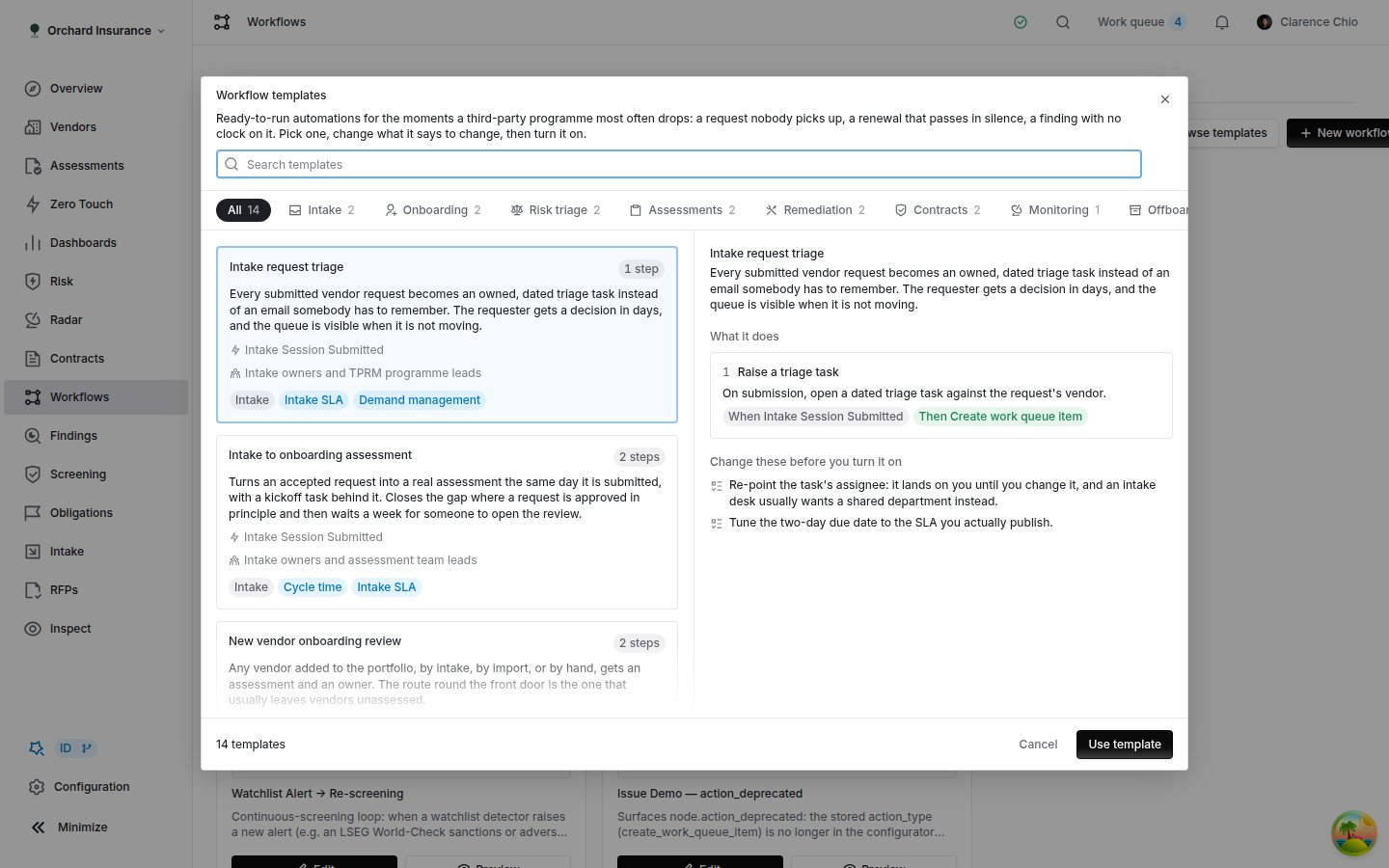The Coverbase workflow template gallery, showing template cards, lifecycle shelves and a detail pane