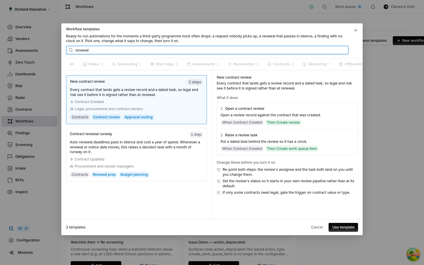 Searching the workflow template gallery for 'renewal', showing the two contract templates