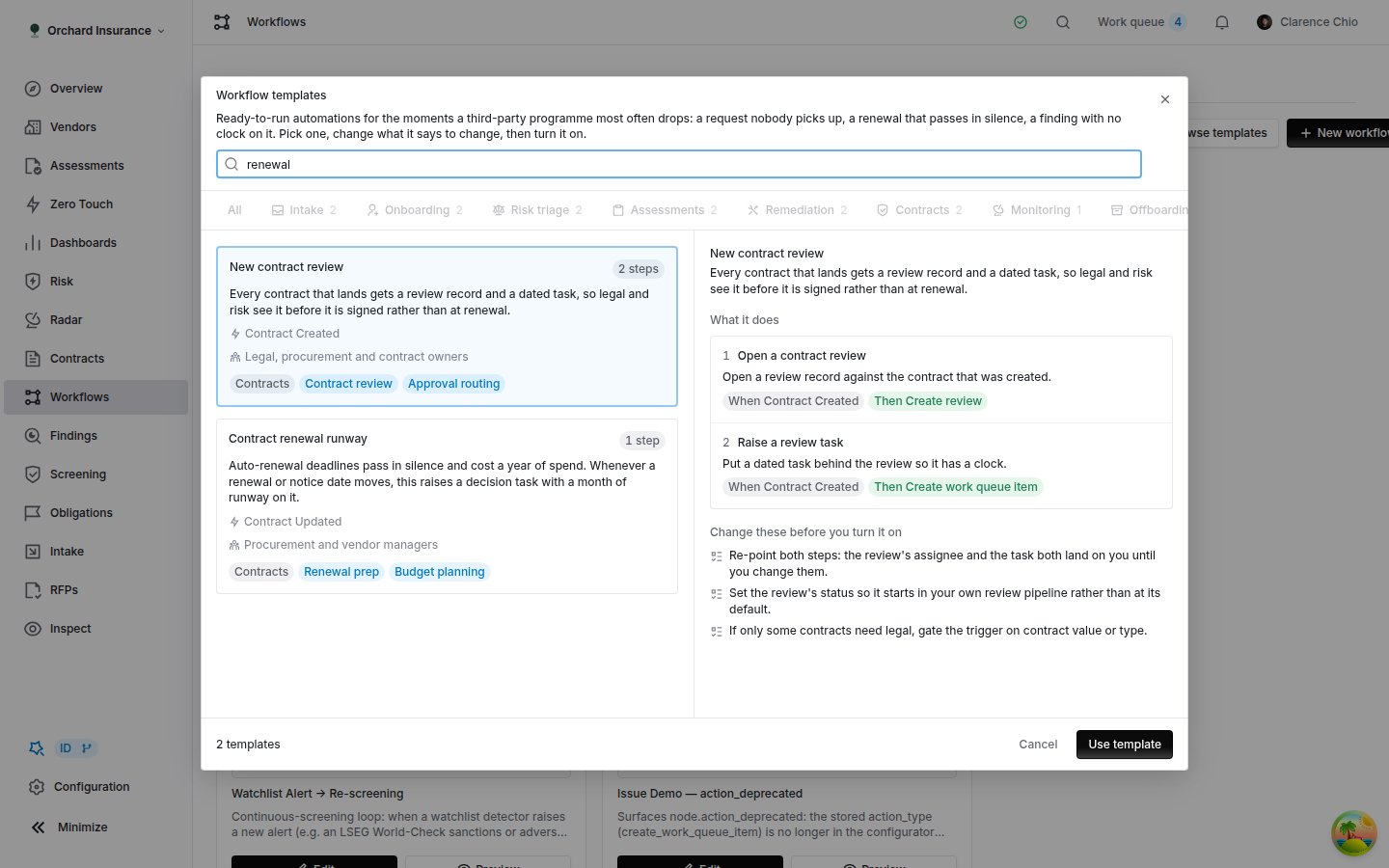 Searching the workflow template gallery for 'renewal', showing the two contract templates