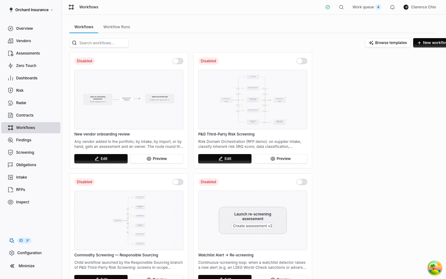 The Coverbase workflows list showing an applied template alongside hand-built workflows