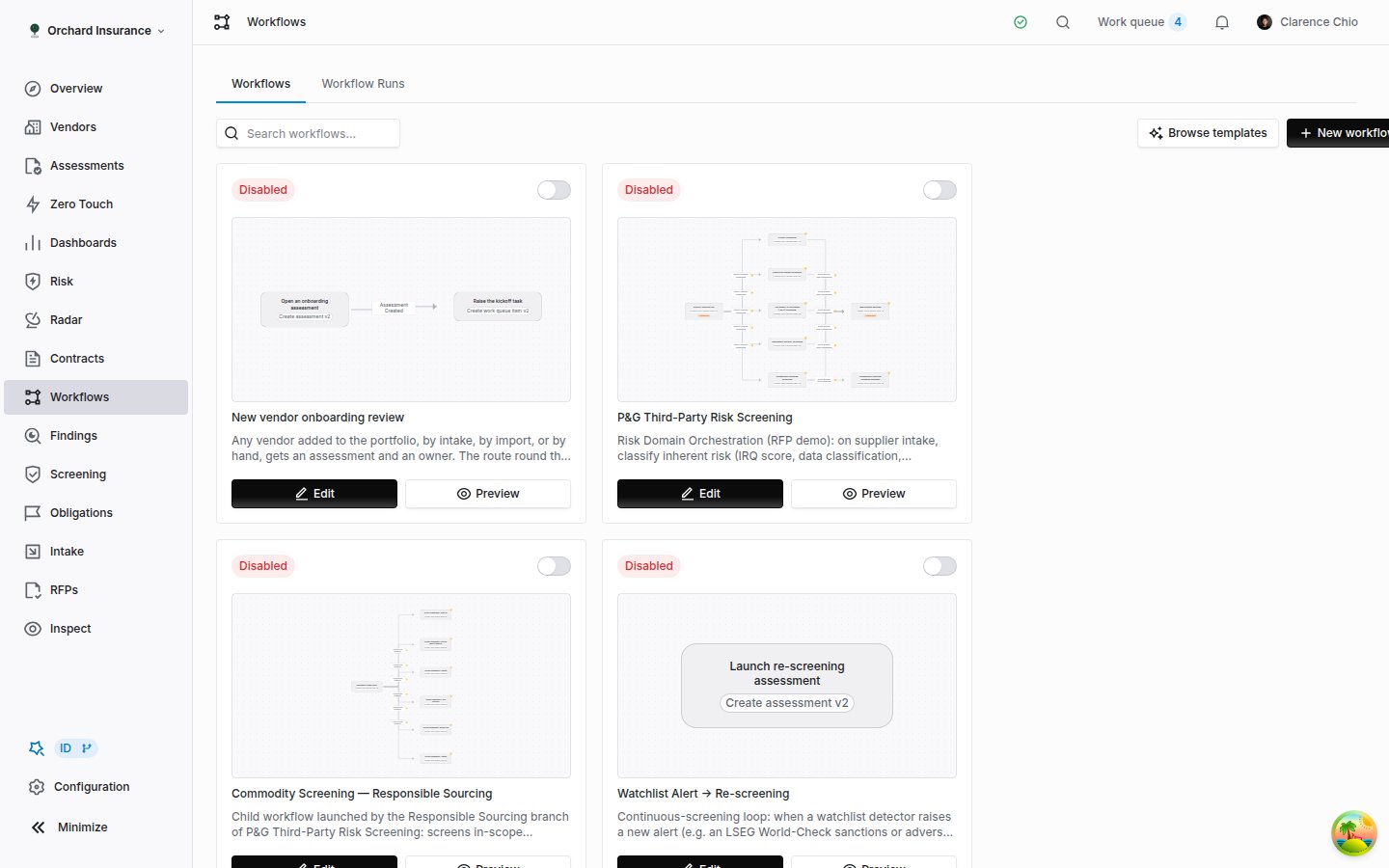 The Coverbase workflows list showing an applied template alongside hand-built workflows