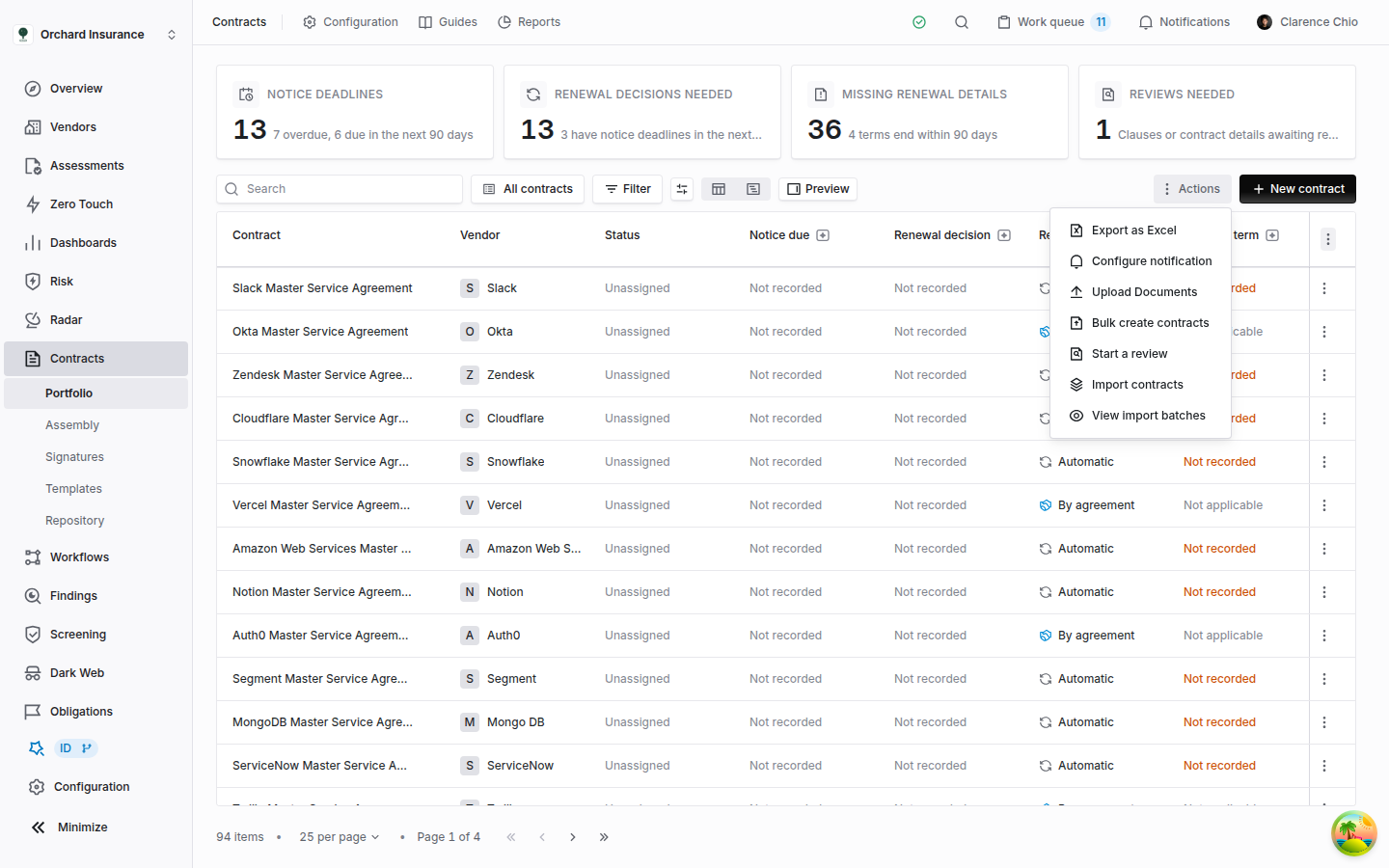 Contracts list with the actions menu open, showing import contracts and view import batches