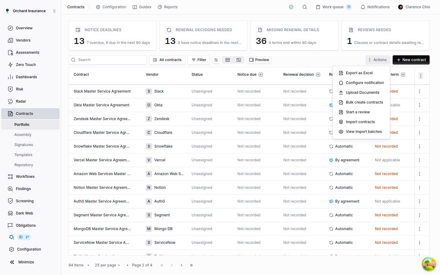 Contracts list with the actions menu open, showing import contracts and view import batches