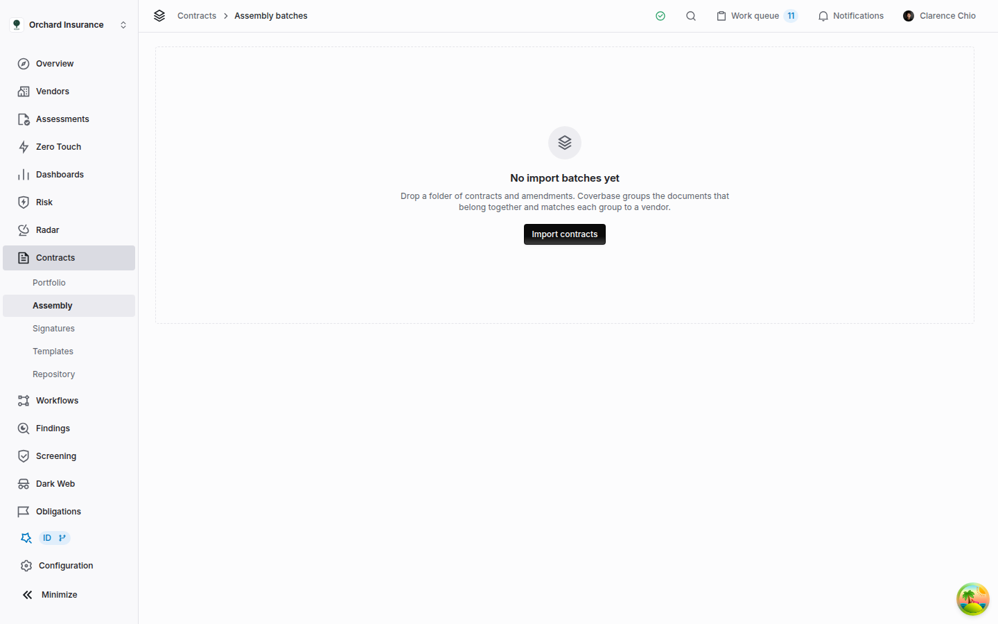 Assembly batches page with the empty state reading no import batches yet and an import contracts button