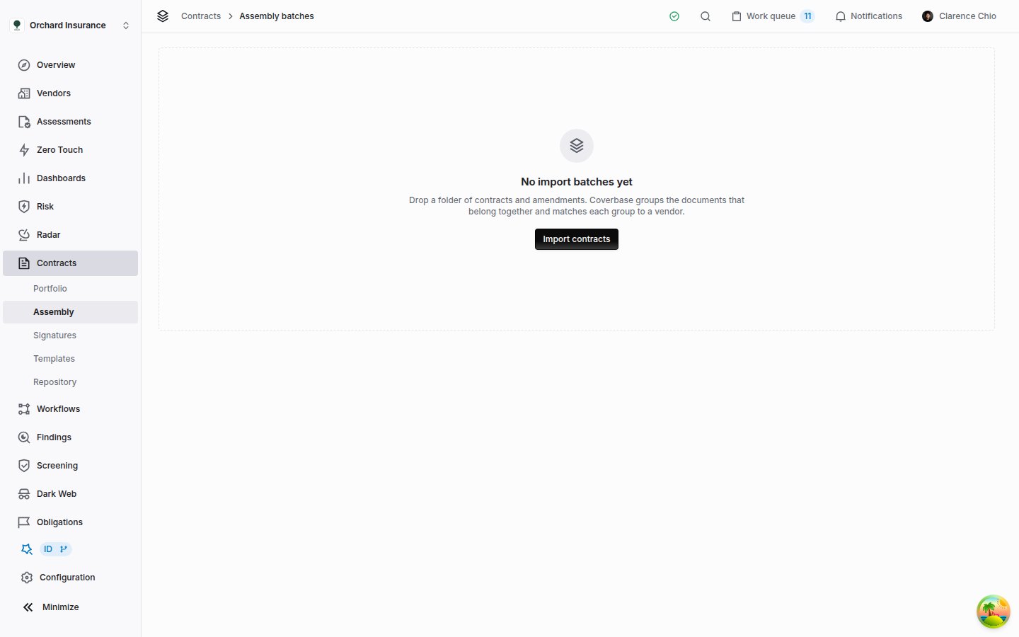 Assembly batches page with the empty state reading no import batches yet and an import contracts button