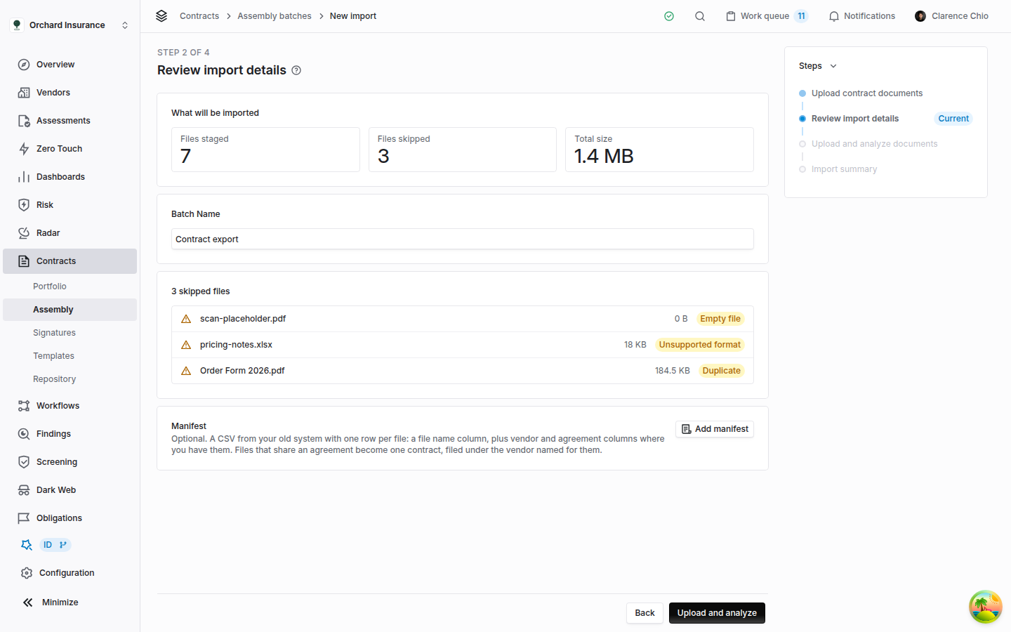 Review import details step showing files staged, files skipped, total size, the batch name, a list of skipped files, and the optional Manifest card with an Add manifest button