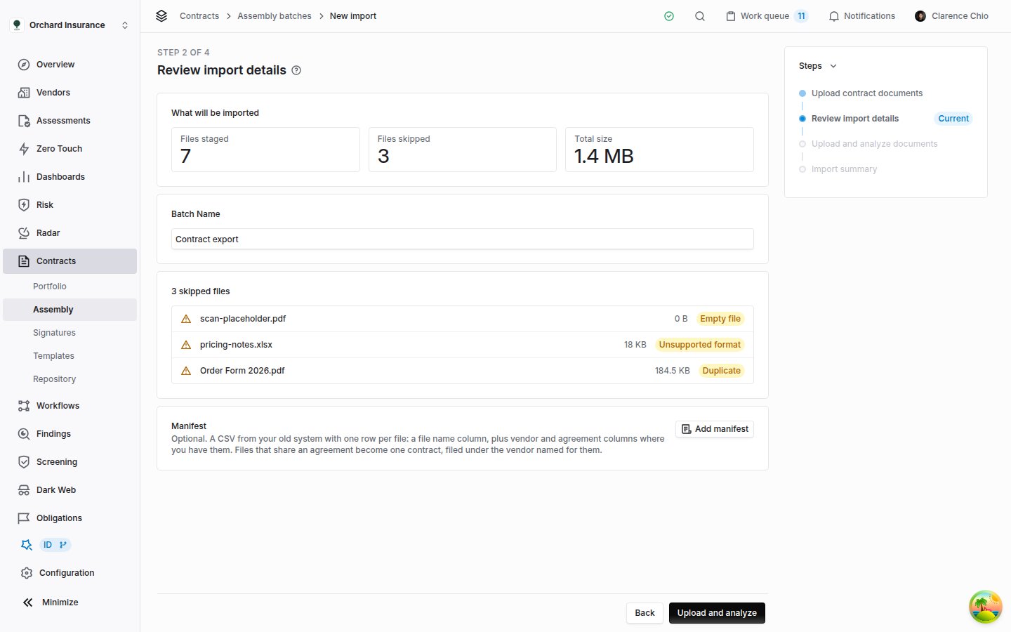 Review import details step showing files staged, files skipped, total size, the batch name, a list of skipped files, and the optional Manifest card with an Add manifest button