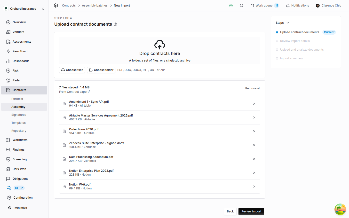 Upload contract documents step with a drop zone, choose files and choose folder buttons, and a list of seven staged files