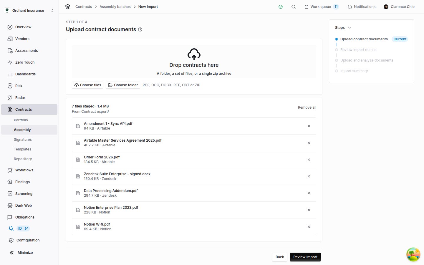 Upload contract documents step with a drop zone, choose files and choose folder buttons, and a list of seven staged files