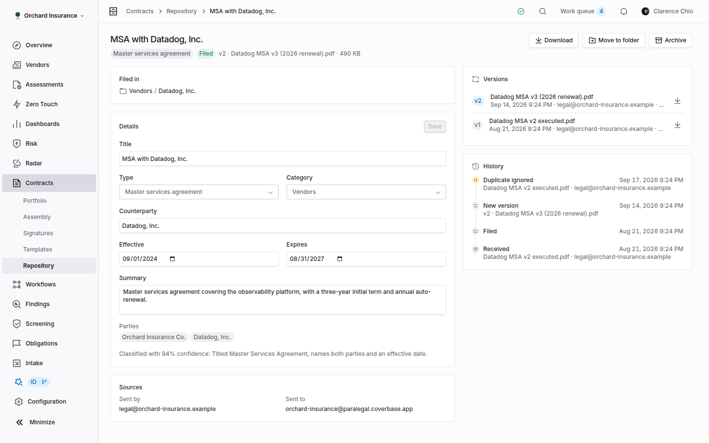 A repository document page with type and status badges, a Filed in card, a Details form, a Sources card, a Versions list and a History timeline