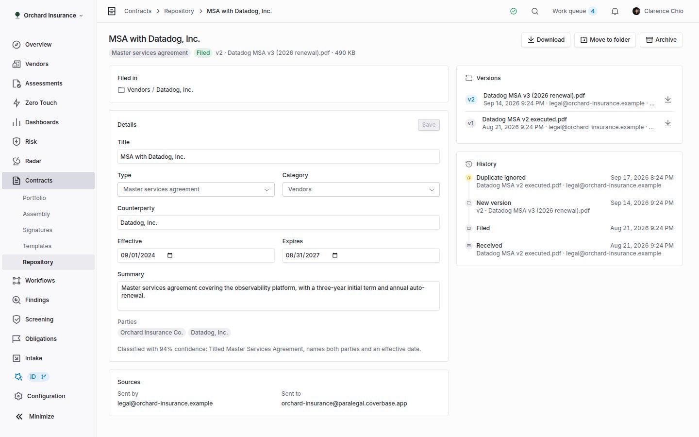 A repository document page with type and status badges, a Filed in card, a Details form, a Sources card, a Versions list and a History timeline