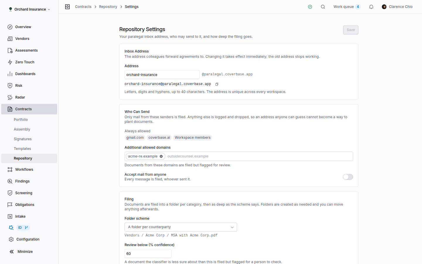The Repository Settings page with the Inbox Address, Who Can Send, Filing and Starting Structures sections