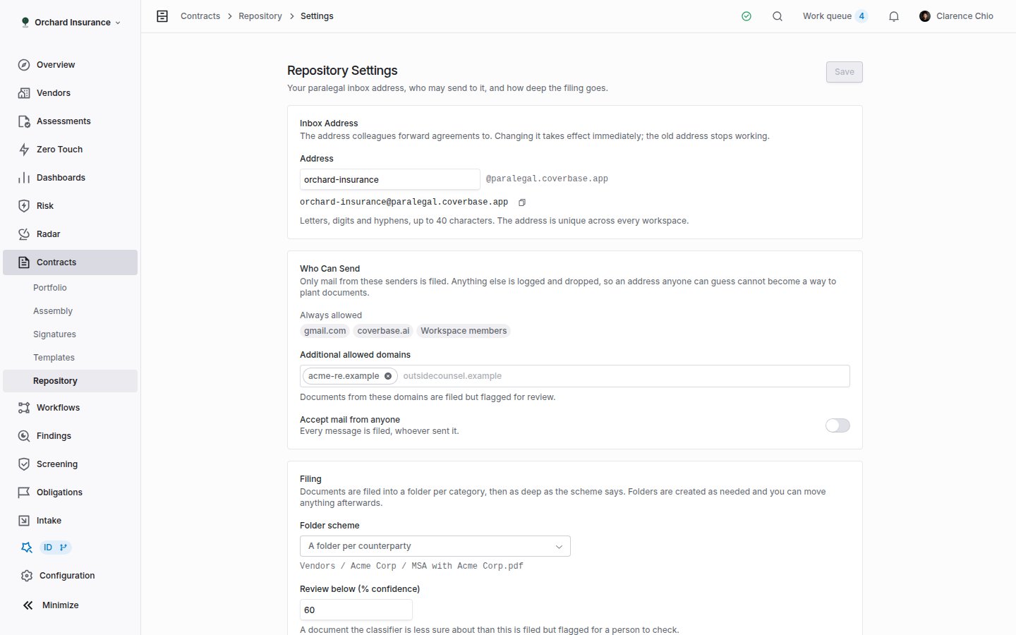 The Repository Settings page with the Inbox Address, Who Can Send, Filing and Starting Structures sections