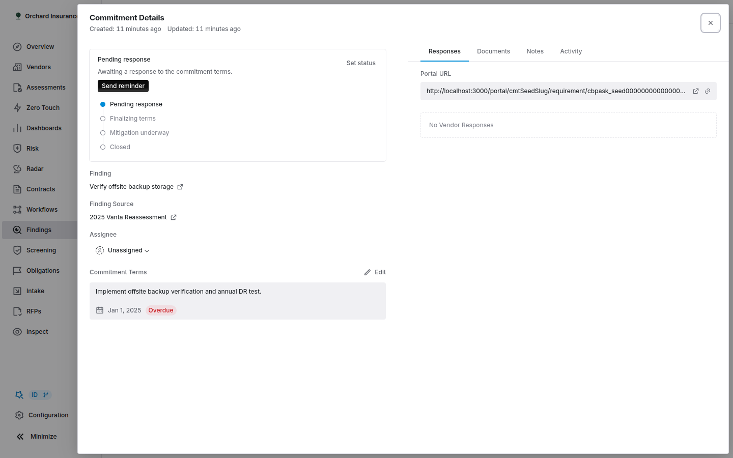 Commitment details drawer with lifecycle actions and vendor responses