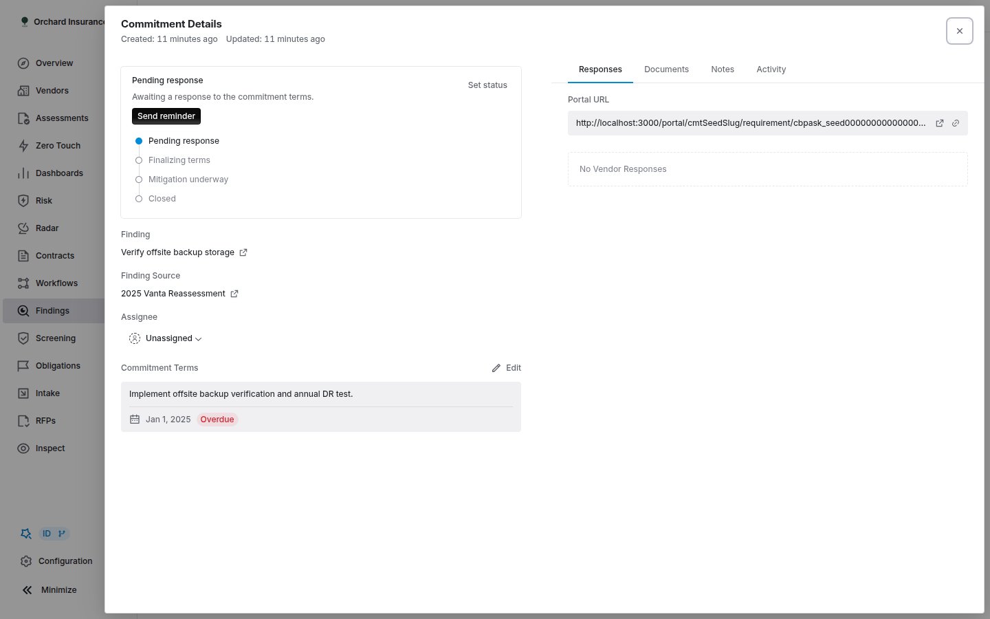Commitment details drawer with lifecycle actions and vendor responses