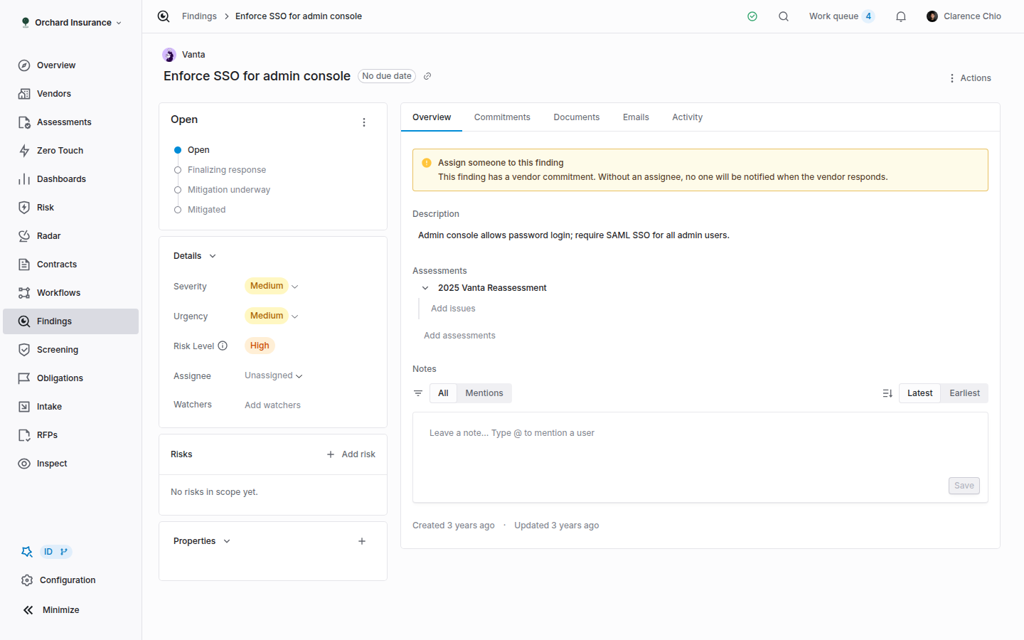 Finding detail page with lifecycle card, details card and overview tab