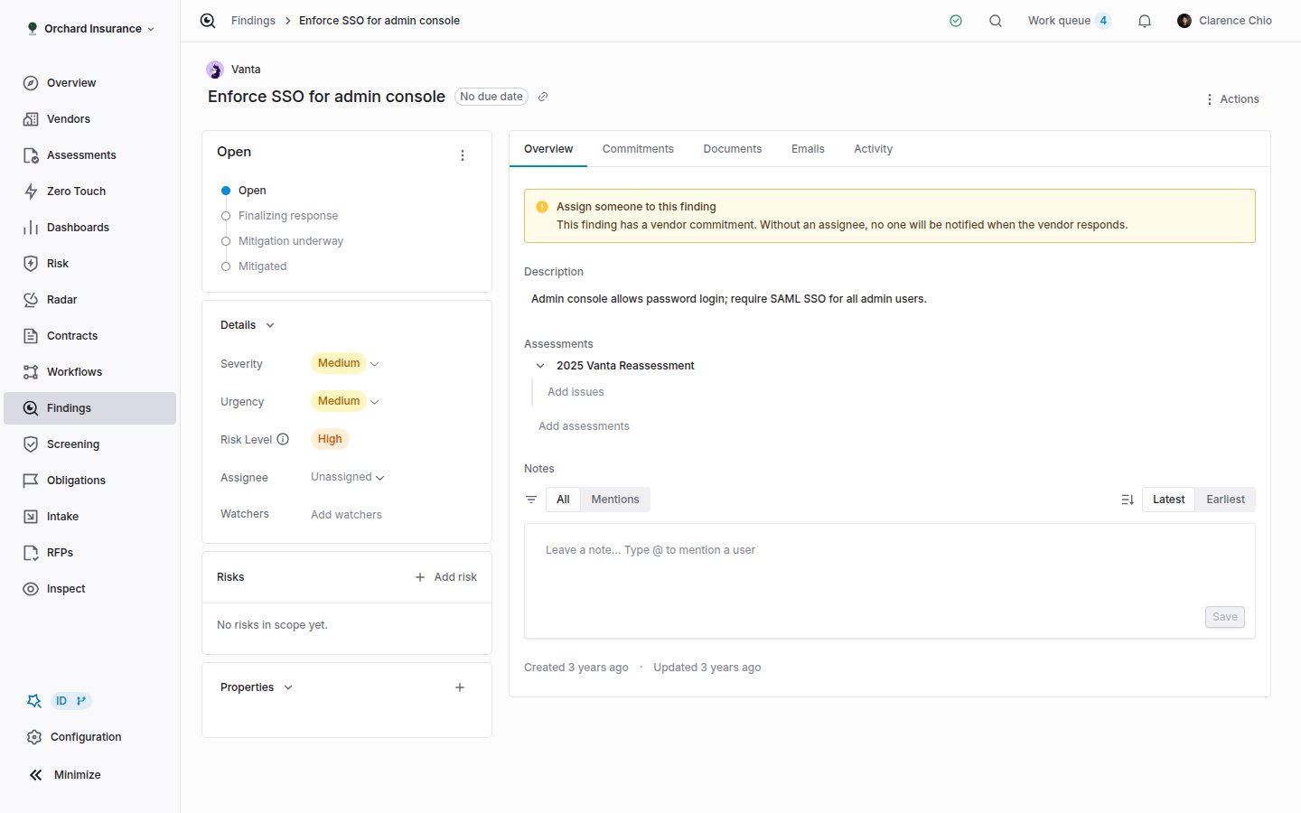 Finding detail page with lifecycle card, details card and overview tab