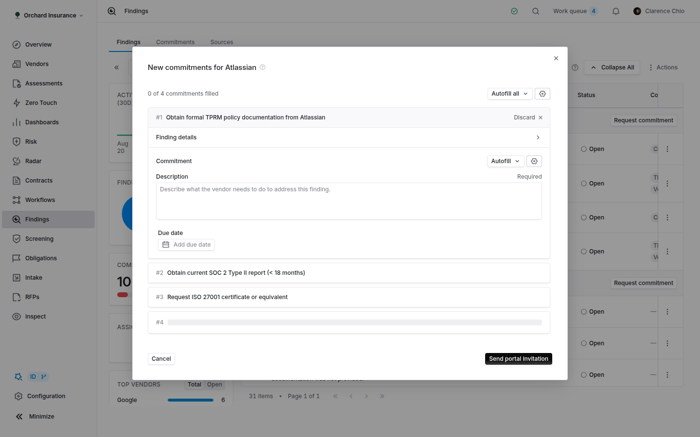 Request commitment dialog with one commitment per finding