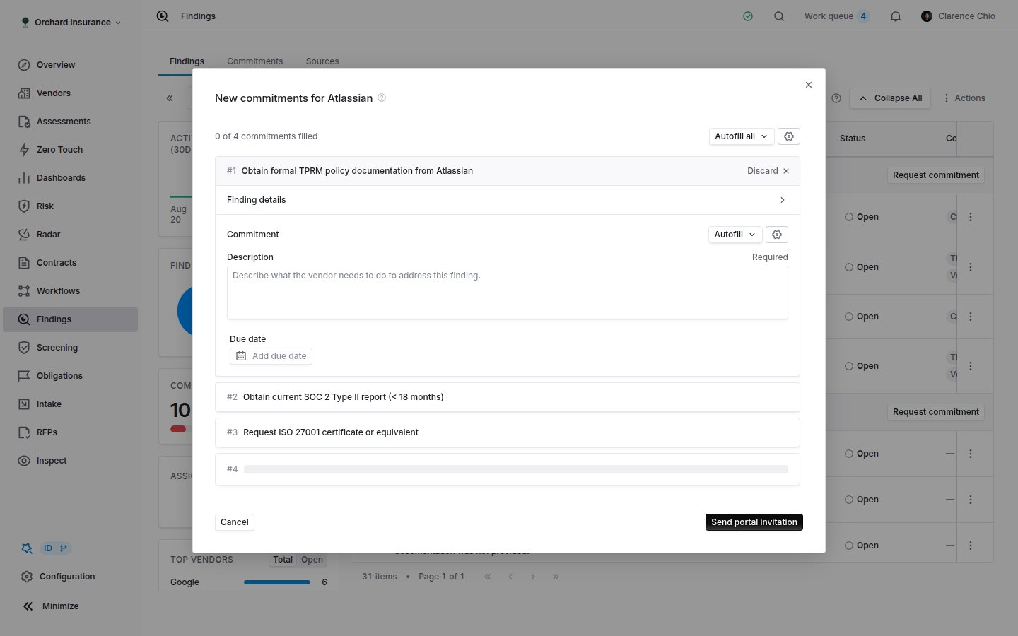 Request commitment dialog with one commitment per finding