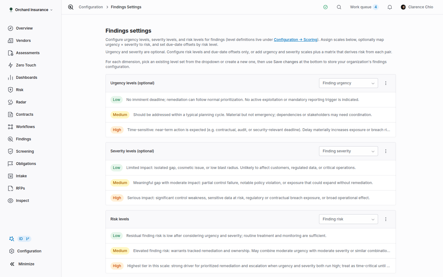 Findings settings page with risk matrix and due dates by risk level