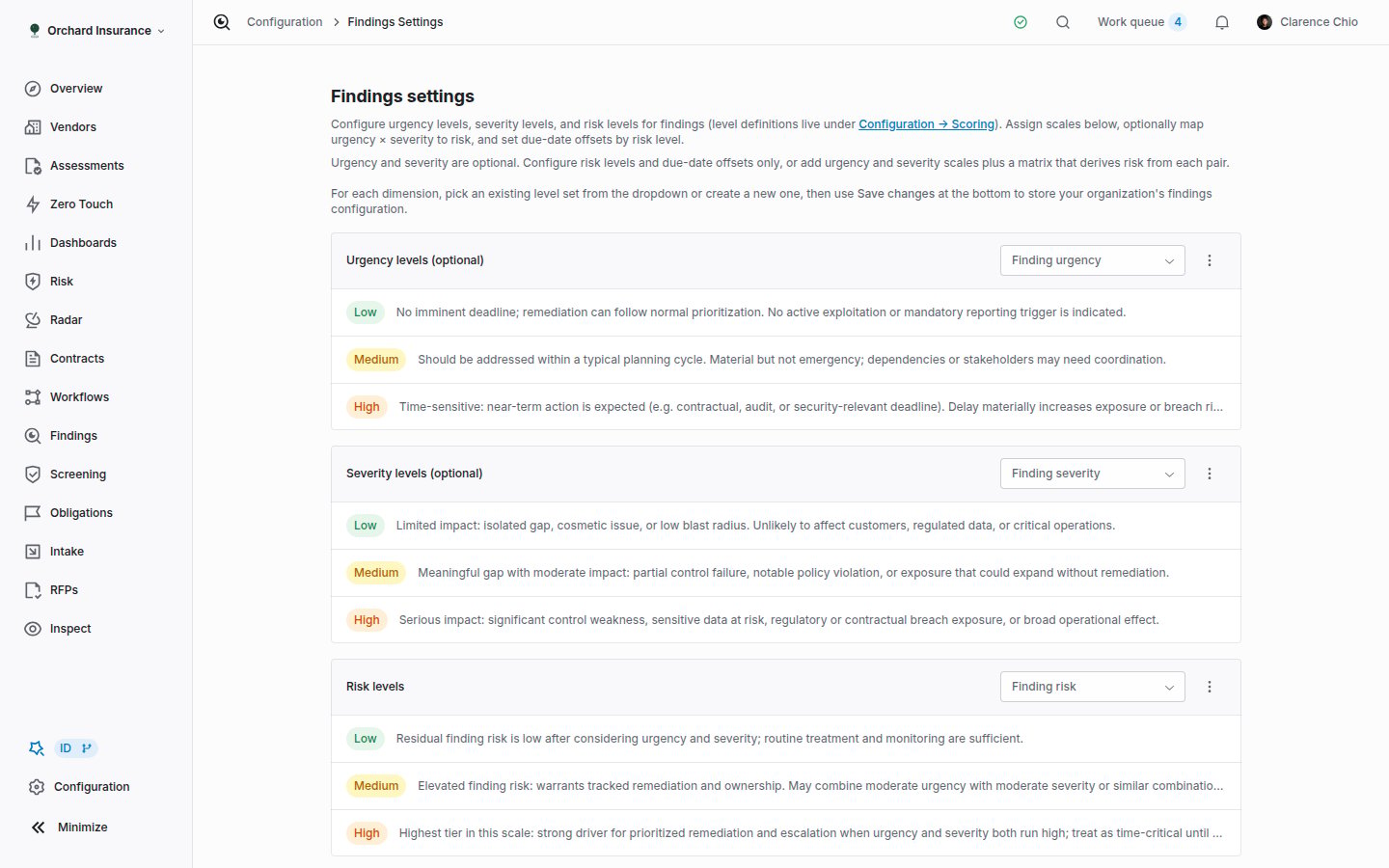 Findings settings page with risk matrix and due dates by risk level