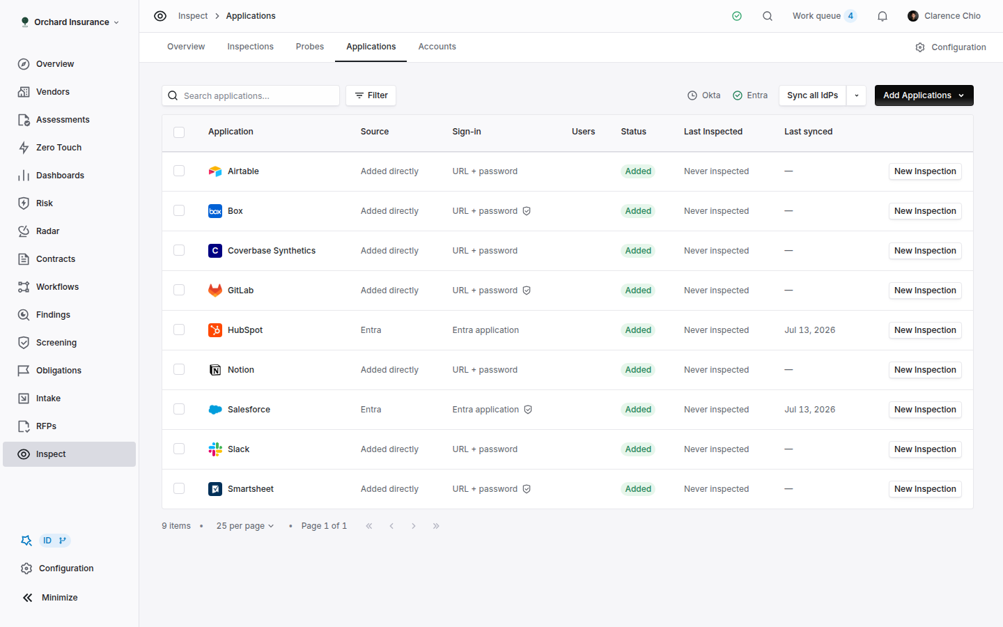 The Inspect Applications tab, listing applications with Source, Sign-in, Users, Status, Last synced and Last Inspected columns and an Add Applications button.