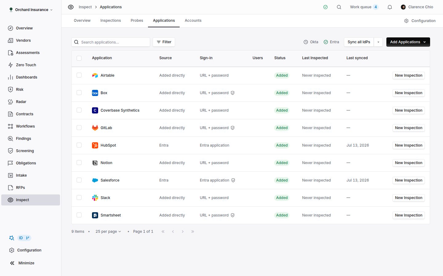 The Inspect Applications tab, listing applications with Source, Sign-in, Users, Status, Last synced and Last Inspected columns and an Add Applications button.