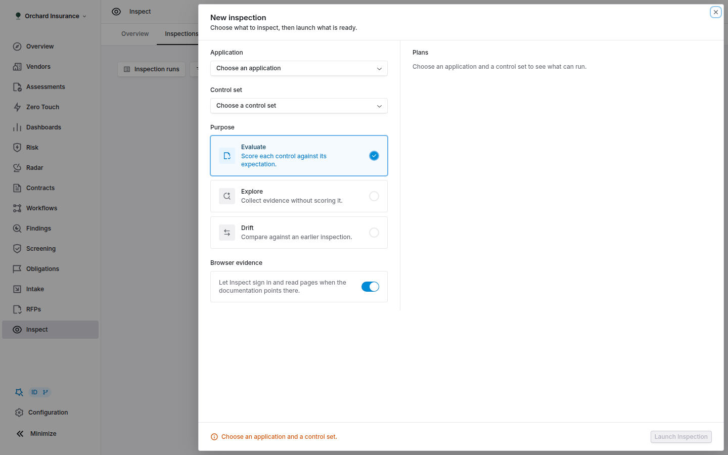 The New inspection setup panel with an application and control set chosen, the Evaluate purpose selected, and a list of controls grouped into Ready, Preparing, Not prepared and Blocked.