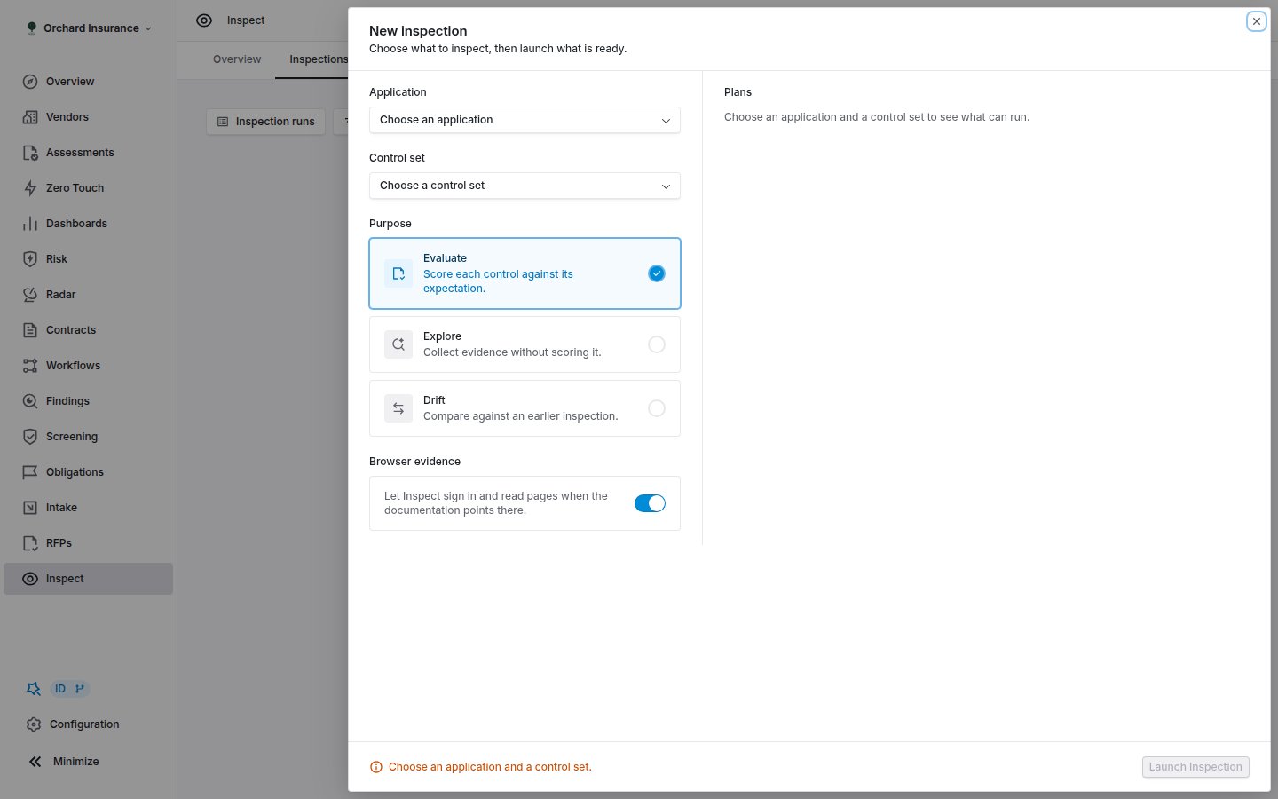 The New inspection setup panel with an application and control set chosen, the Evaluate purpose selected, and a list of controls grouped into Ready, Preparing, Not prepared and Blocked.