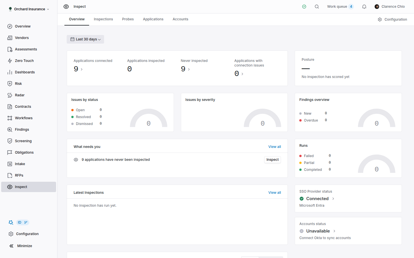 The Inspect Overview tab, showing application count tiles, a posture percentage, a What needs you list, a runs gauge and the latest inspections.