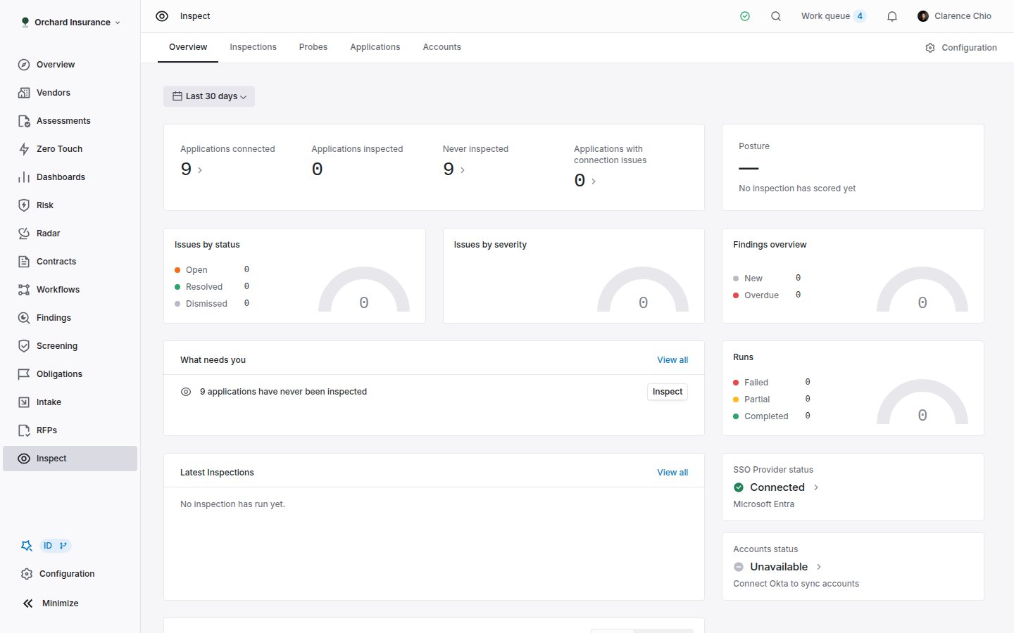 The Inspect Overview tab, showing application count tiles, a posture percentage, a What needs you list, a runs gauge and the latest inspections.